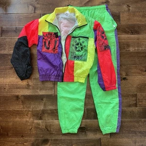 Kids Vintage 80s Neon Windbreaker Track Suit Sz 12/14 Jacket & Pants Y2K *read* - Picture 1 of 8