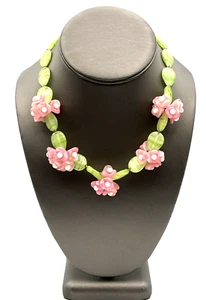 Vintage Czech Frosted Glass Pink Flower Cluster Beaded Necklace 16" - Picture 1 of 10