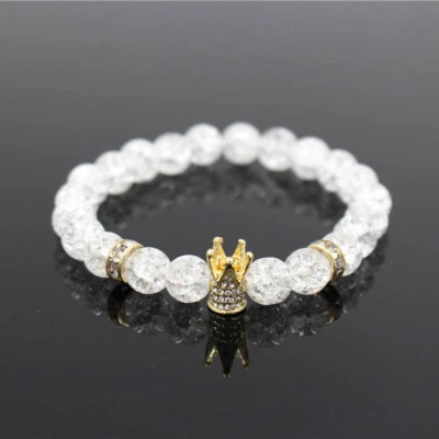 Brazalete de cuentas de palomitas de maíz blanco pulido corona rey oro blanco micro pavé de 8 mm Foto 1 de 4
