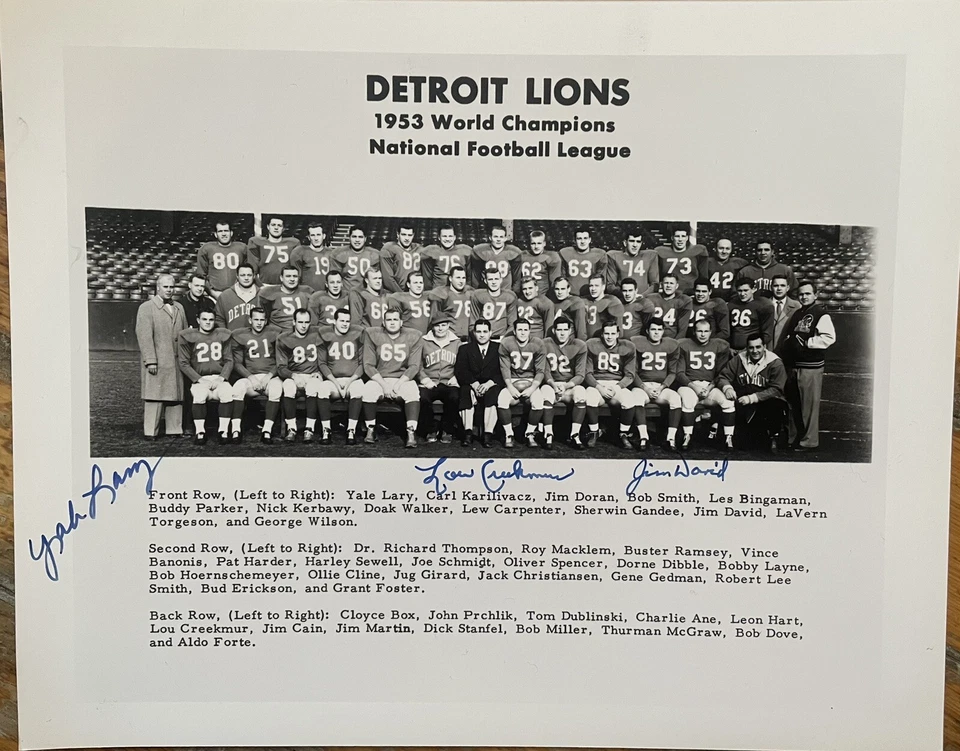 1953 World Champs Detroit Lions 8x10 team photo Autographed by 3 Yale Lary COA - Image 1 of 1