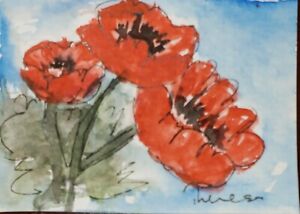 Original ACEO or ATC watercolor miniature painting - Poppies