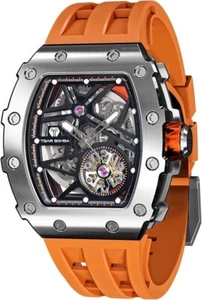 TSAR BOMBA Herren Business Uhr, 50M Wasserdicht, Skelett, Silber Orange - Bild 1 von 7