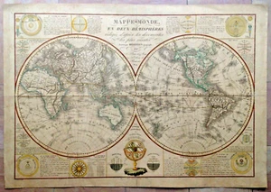 LARGE WORLD MAP DATED 1828 HERISSON 19e CENTURY DECORATIVE ANTIQUE MAP - Picture 1 of 12