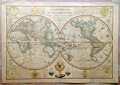 GRAN MAPA DEL MUNDO FECHADO 1828 HERISSON SIGLO XIX MAPA ANTIGUO DECORATIVO Foto 1 de 4