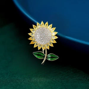 Gold Plated Yellow Clear Cubic Zirconia Enamel Sunflower Brooch Pin - Picture 1 of 3
