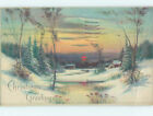 Pre-Linen christmas BEAUTIFUL SUNSET OVER WINTER FOREST SCENE : 60k cards HQ6201