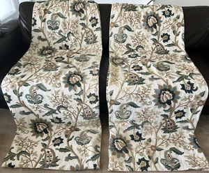 Vtg Crewel Suzani Hand Embroidered Floral Drapes 28x82 Green Ecru Jacobean Lined - Picture 1 of 14