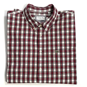 LACOSTE Oxford Long Sleeve Button Front Shirt Slim Fit Red/Gray, men’s 2XL - Picture 1 of 12