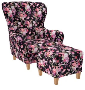 Supellex Sofia Ohrensessel mit Hockerr | Patchwork, Samt-Velours, Rosen - Bild 1 von 6