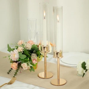 GOLD 2 Metal 16" Hurricane Taper CANDLE HOLDERS Clear Cylinder Glass Shades - Picture 1 of 8