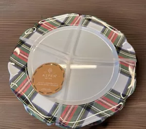 4 ASPEN Tartan Plaid Christmas Melamine Round Dinner Plates 11" Scalloped New - Picture 1 of 7