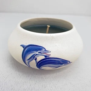 Dolphin Candle Pottery Pot Jar Candle with Dolphin Pictures on Both Sides - Picture 1 of 7