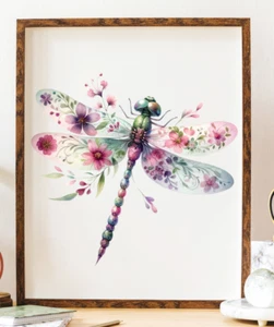 Libelle Kunstdruck, Libelle mit Blumen Wandbild Deko Druck, Natur Druck - Bild 1 von 2