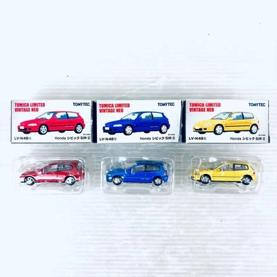 Set 3 auto Tomica LV NEO Honda Civic SiR-II rosso blu giallo usate - Immagine 1 di 4