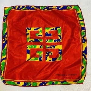 Amarige by Givenchy Paris Red Silk Pocket Square G Logo Print Border 8” Vintage - Picture 1 of 4