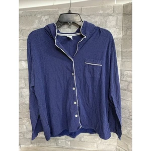 Liz Claiborne Blue Polka Dot Button Front Hoodie Pajama Top Size L - Picture 1 of 6