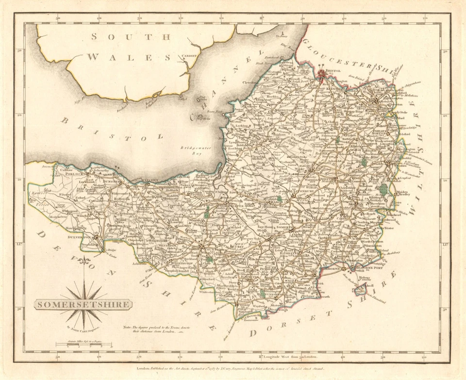 Antique county map of SOMERSETSHIRE by JOHN CARY. Original outline colour 1787 - Image 1 of 1