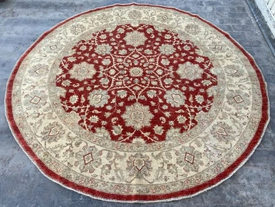 8x8 Red Ivory Handmade Round Afghan Oriental Modern Rug Turkish Ziegler Wool Rug - Image 1 of 4