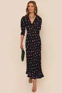 RIXO Gemma Red Black Rose Vintage Floral Midi Dress Size XL UK 16 - Picture 1 of 6