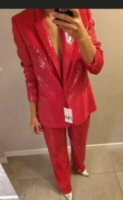 RARE ZARA GENUINE RED SEQUINNED SHINNY JACKET BLAZER BLOGGERS SIZE MEDIUM M NEW - Image 1 of 4