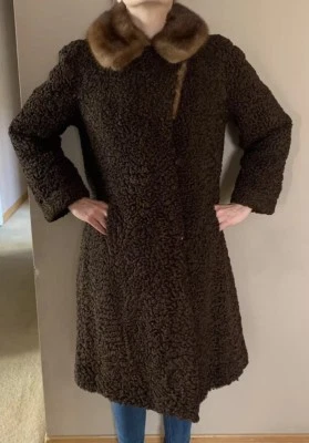 Abrigo de piel Andrea Toronto vintage con cuello de visón y karakul marrón chocolate Foto 1 de 4