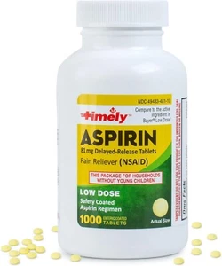 Timely Low Dose Aspirin 81 mg 1000 Enteric Coated Tablets Pain Reliever - Picture 1 of 6