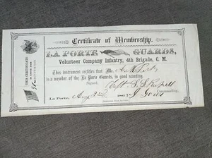 California La Porte Guards Certificate Of Membership 1865 , Civil War Document - Picture 1 of 7