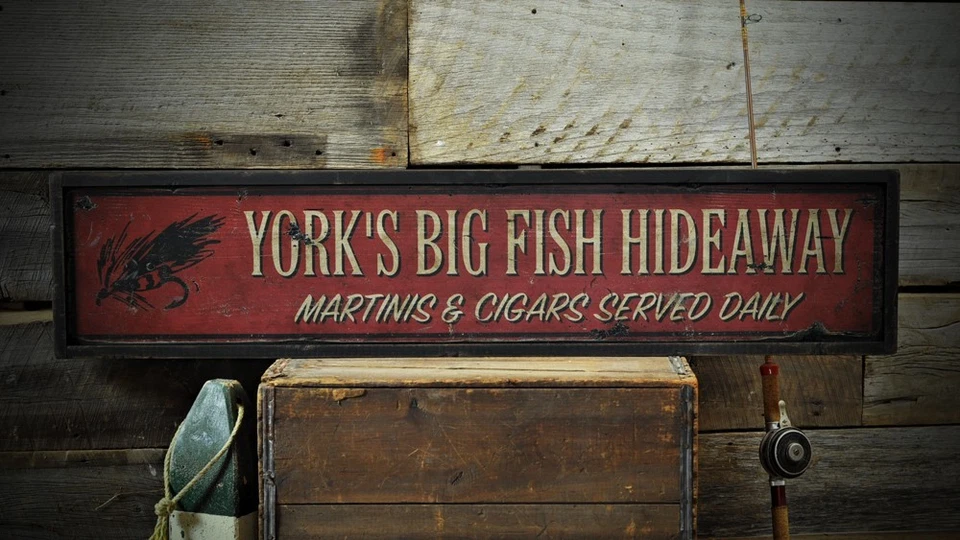 Custom Fishing Hideaway Cigar Sign - Rustic Hand Made Vintage Wooden - Image 1 of 1