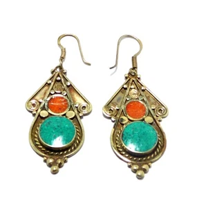 Tibetan Earrings Turquoise/Coral Stone 925 Silver Plated Nepali Handmade Jewelry - Picture 1 of 3