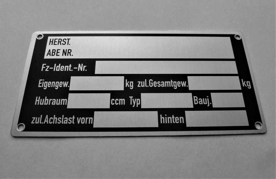 Typenschild blanko PKW, Oldtimer, Auto geätzt, neutral - Var. 7