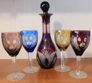 Bohemian Cut to Clear Decanter 13" & 4 Wine Glasses 7 3/4" GORGEOUS! - Picture 1 of 7