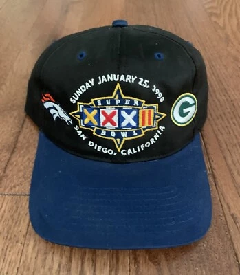 Sombrero de fútbol americano vintage del Super Bowl 1998 - Denver/Green Bay - nuevo stock antiguo con etiquetas Foto 1 de 2