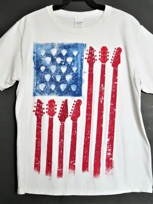 Gildan T-Shirt American Flag Guitar Necks Picks White Cotton Music Youth Large - Image 1 of 4