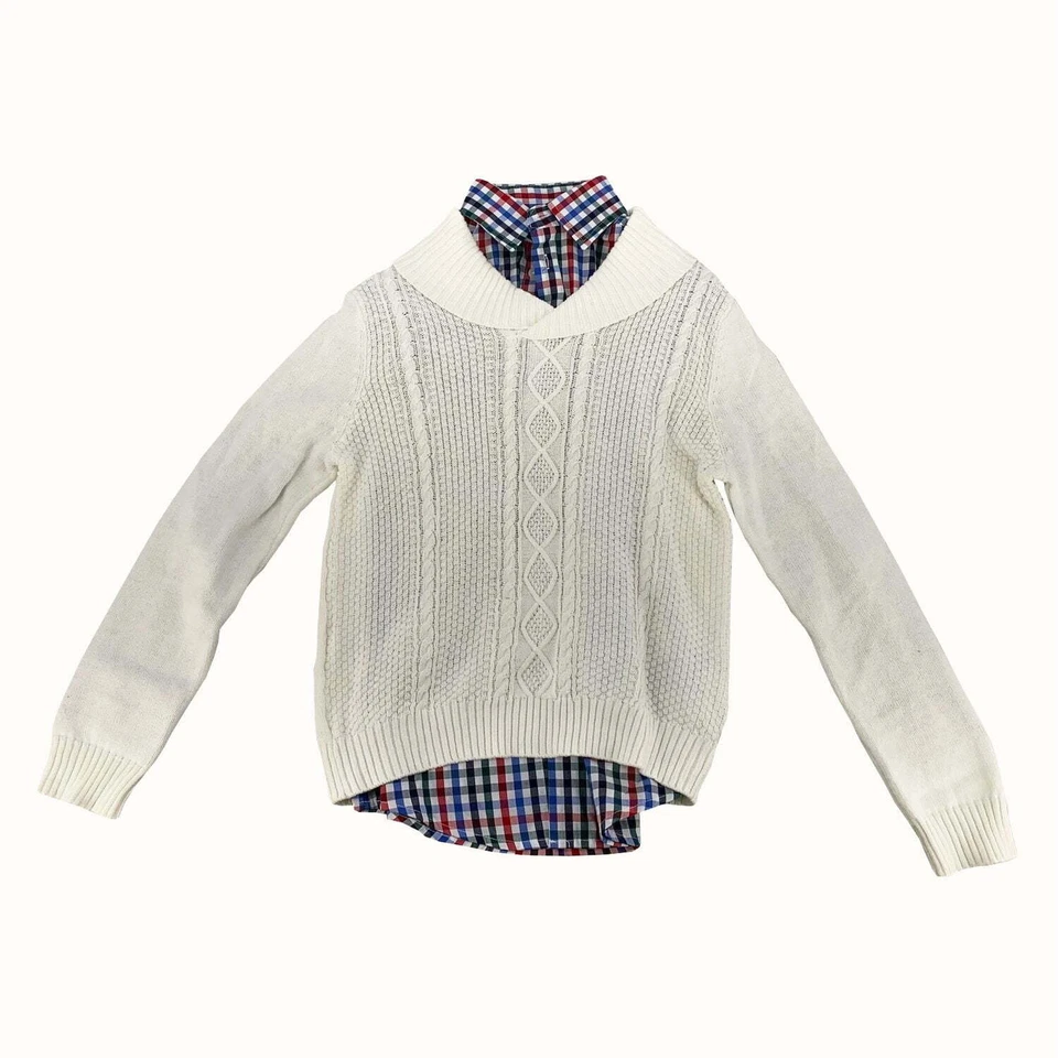 IZOD 2 Piece Boys Ivory/Multi Size 10/12 Cable Knit Sweater with Button Up Shirt