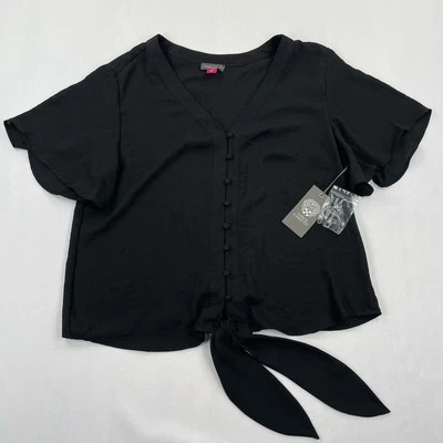 Vince Camuto Blouse Size M Black Summer Flutter Sleeve V Neck Button Up NWT $79 - Image 1 of 4