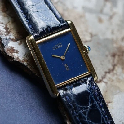 Cartier Tank plateado chapado en oro esfera azul Vermeil cuerda manual 24 mm años 80 Foto 1 de 4