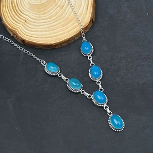 Collana In Argento Sterling 925 Con Gemma Di Calcedonio Blu Fatta A Mano 17-18" - Foto 1 di 7