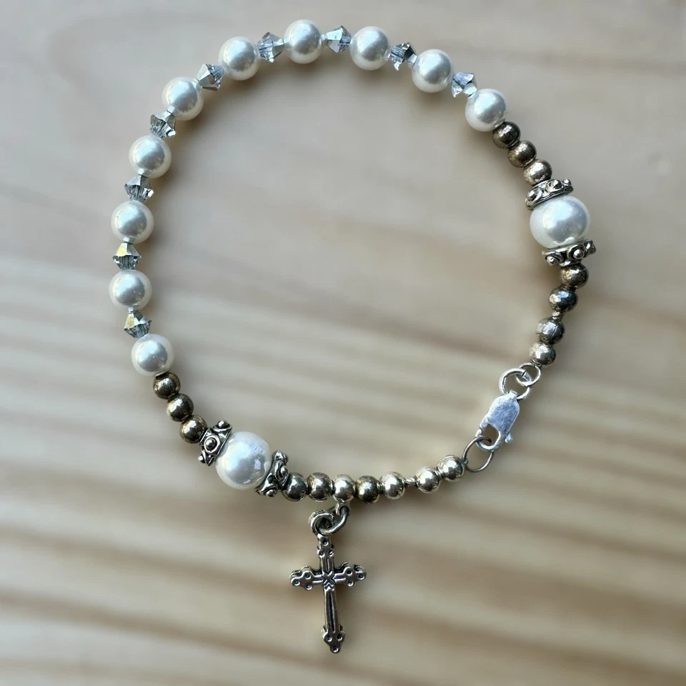 VTG Bead Charm Bracelet 7.5" Christian Cross Faux Pearl Crystals Sterling 10.3g - Image 1 of 4