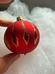 Vintage Blown Glass Christmas Ornament Red Satin Gold Geometric Czech Republic - Picture 1 of 5