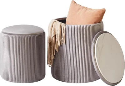 Set of 2 Round Storage Ottomans – Velvet Pouffe Stool Set for Bedroom & Living - Image 1 of 4