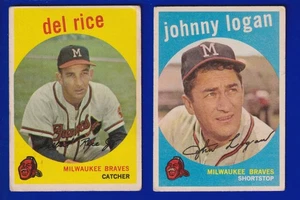 2 BRAVES LOT 1959 TOPPS #225 JOHNNY LOGAN #104 DEL RICE GOOD/VERY GOOD - Picture 1 of 2