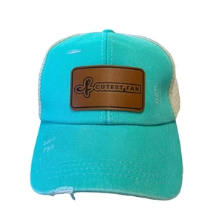 Baseball Hats Cutest Fan® Ponytail Trucker Style Cap In 2 Colors Leather Patch - Picture 1 of 3