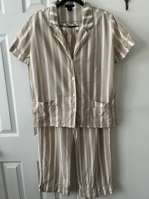 J. Conjunto de pijama manga corta 100 % algodón a rayas beige/blanco Crew para mujer talla M Foto 1 de 4