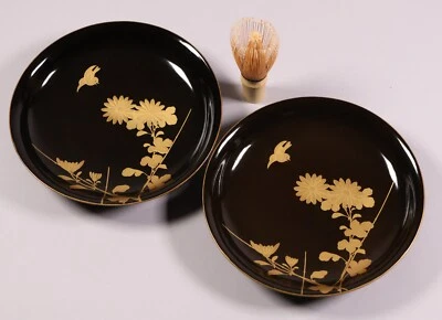 Juego de 2 platos de madera de laca japonesa 8,27 pulgadas oro pájaro ceremonia del té era Meiji Foto 1 de 4