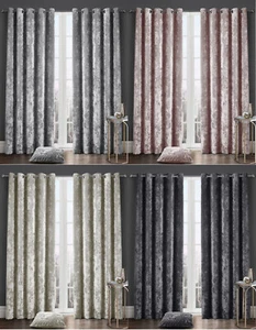 Crushed Velvet Pair Curtains Eyelet Ring Top Ready Made Lined Two Panels Curtain - Picture 1 of 5