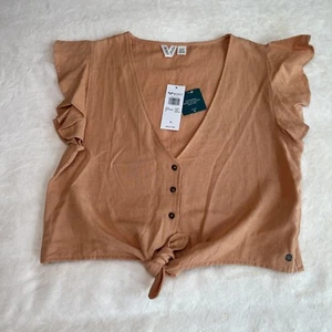 Womens Roxy Coral Button Tie Front Crop Ruffle Sleeve Top Blouse Shirt XL NWT - Picture 1 of 16