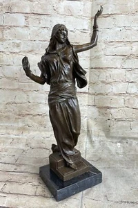 Signed Sexy Semi Nude Arab Girl Dancing Music Bronze Sculpture Marble Statue NR - Picture 1 of 10