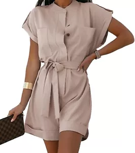 Women's Short Sleeve Mock Neck Romper Button Down Belted Pockets Jumpsuit - Picture 1 of 5