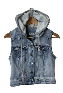 Mudd Juniors Medium Denim Blue Jean Vest Jacket Removeable Gray Sweatshirt Hood - Picture 1 of 9