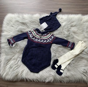 Tahari Christmas Set Baby Girl 3 pc Sweater Hat Tights Sz 6-9M - Picture 1 of 8